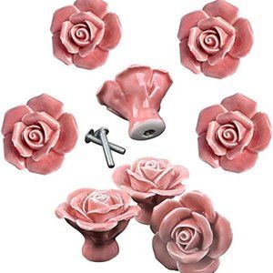8Pcs Elegant Pink Rose Pulls Flower Ceramic Cabinet Knobs Cupboard Drawer